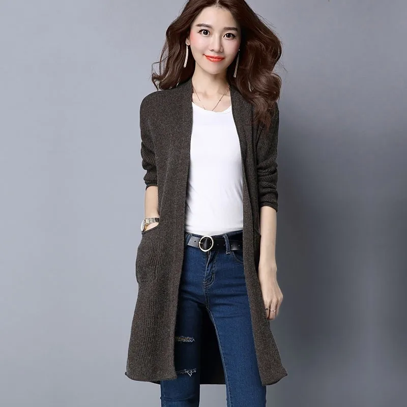 Корейский Свободный трикотажный свитер пальто длинный кардиган женская зимняя