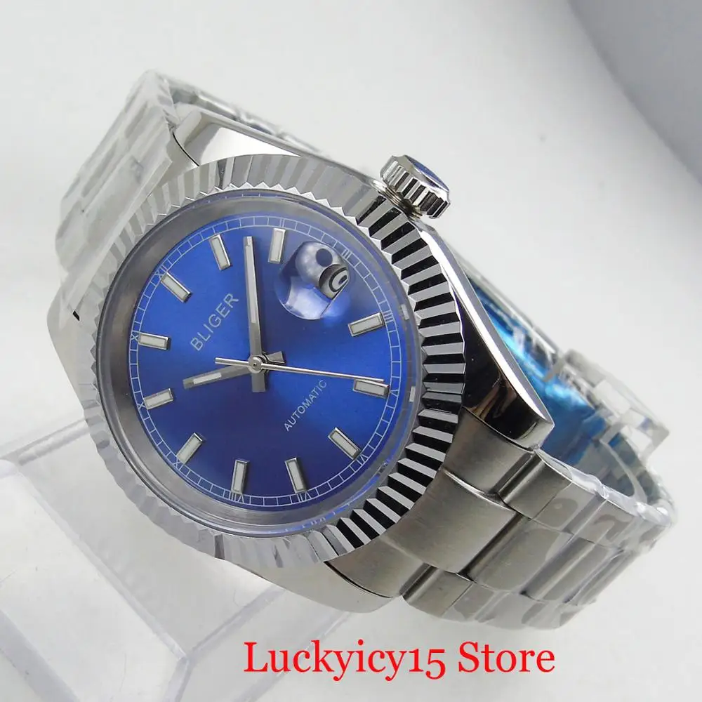 

BLIGER SS Wristwatch Men Sapphire Glass Date Window Mental Strap MIYOTA Movement Blue Dial