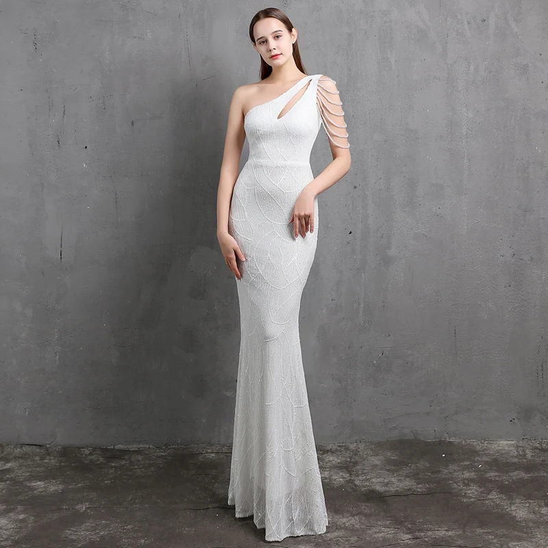 

YIDINGZS Elegant One Shoulder White Sequin Dress Women Beading Evening Dress 2021 Party Wedding Maxi Dress 18519