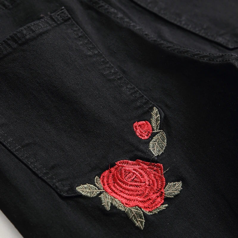 

Cross Border Source Foreign Trade New Men Embroidered Rose Jeans Hole Black Pants Slim Fit Small Leg Elastic Pants