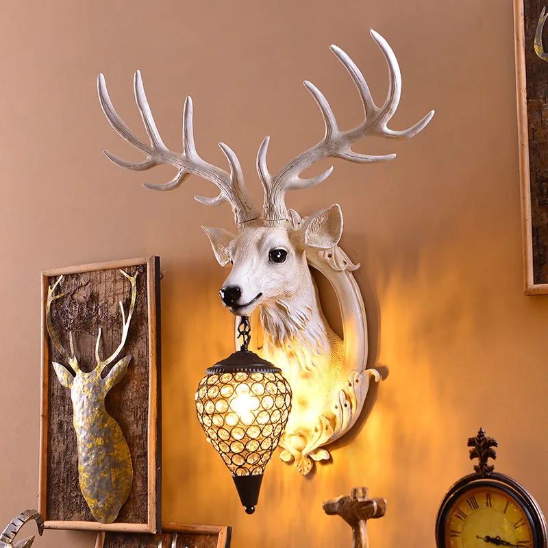 

Antlers Deer Head Wall Lamp American Country Retro Style Living Room Bedside Decoration Bedroom Bar Craft Wall Chandelier