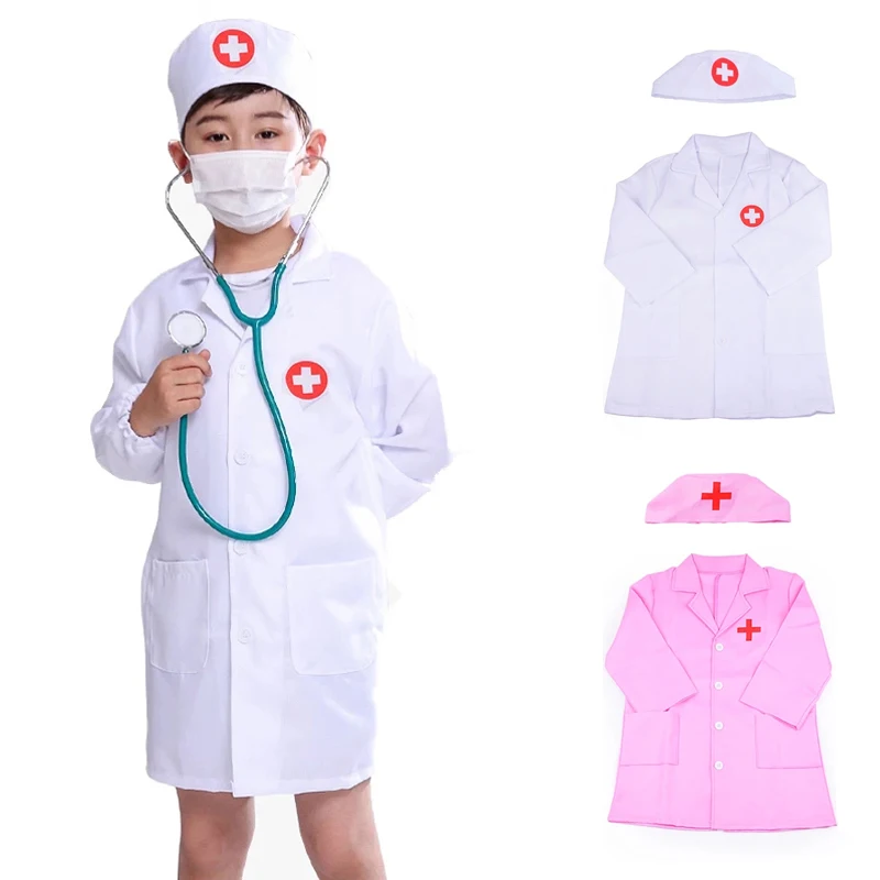 1Set Children's Doctor Surgeon Role Play Costume White Robe Nurse Uniform Dress Up Coat Kids Boys Girls Cosplay Party Coat