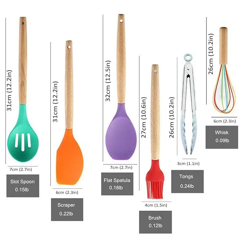 

Silicone Kitchen Set Heat Resistant Cookware Spatula Shovel Soup Spoon With Wooden Handle Non-stick Kitchenware Set Accessories