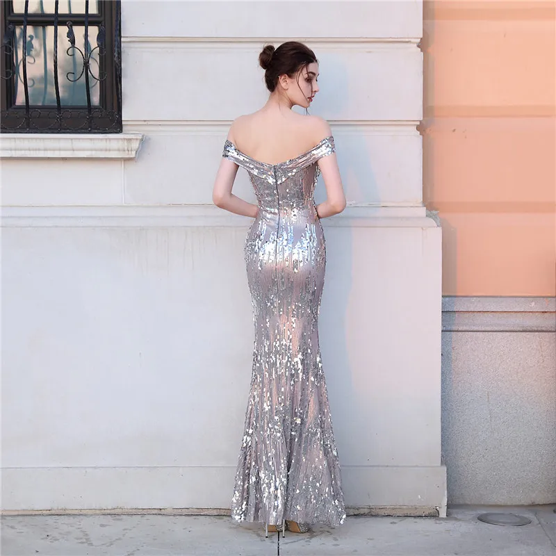 

Silver Sequined Off The Shoulder Short Sleeve Side Split Sexy Women Dress Long Elegant Party Prom Clubwear Formal Dresses 2020