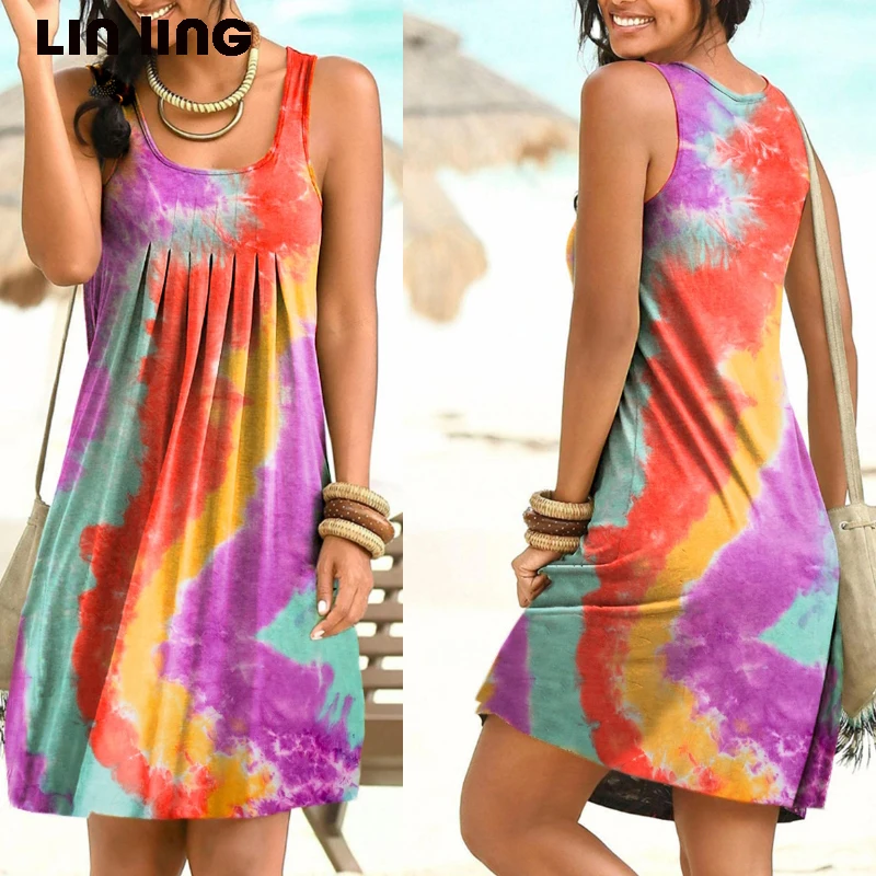 Платье без рукавов с принтом тай дай женское платье свободные винтажные пляжное