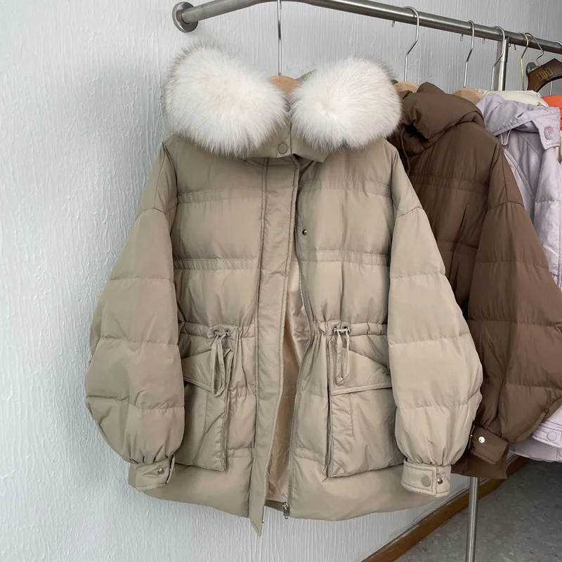 

Женское зимнее однотонное пальто на белом утином пуху с высокой талией, подходящее ко всему, Толстая теплая короткая куртка с большим мехов...