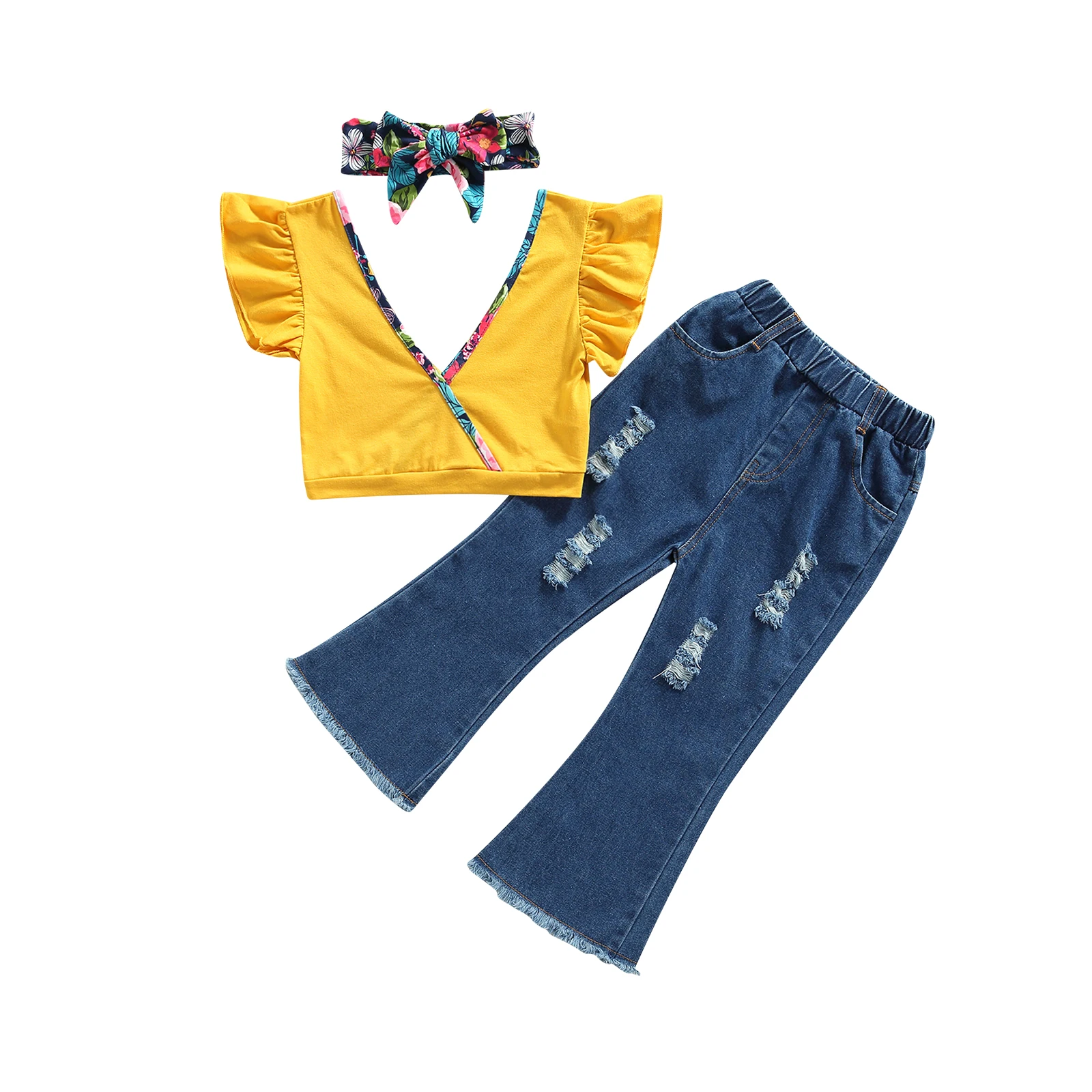 

Summer Baby Girls 3 Pieces Kids Suit Set Floral Print V-Neck Fly Sleeve Tops+ Ripped Flare Jeans+ Headband for Toddler 1-5 Years