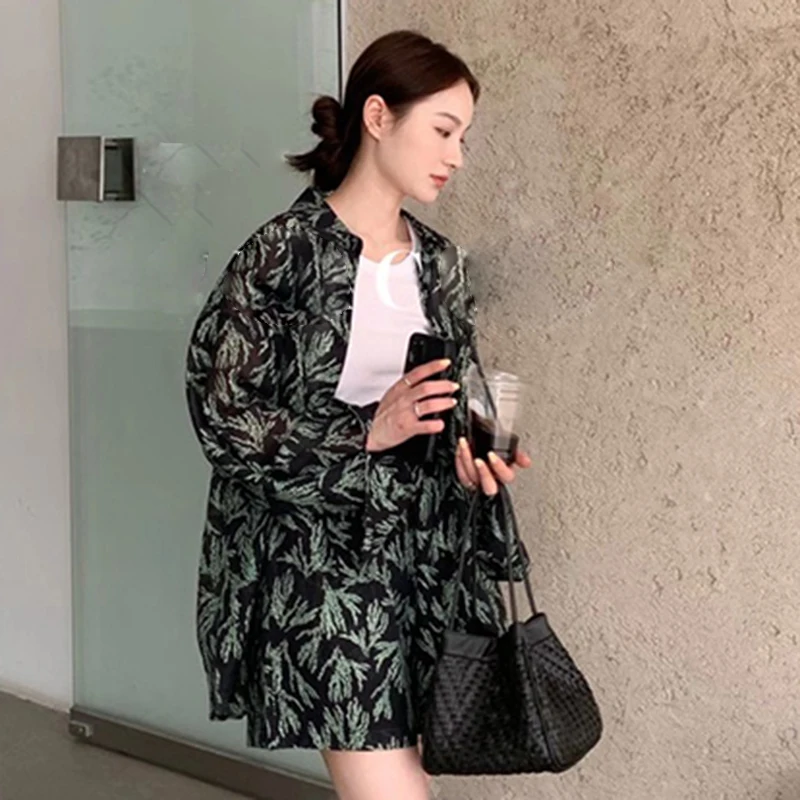 

VGH Casual Two Piece Set For Women Lapel Long Sleeve Shirts High Waist Loose Shorts Print Sun Protection Sets Female 2021 Summer