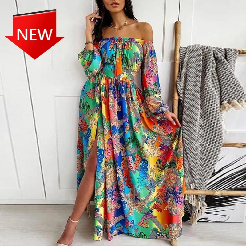 

Floral Print Maxi Long Dress Clubwear Long Sleeve Party Dress Vestido 3XL Sexy Women Off Shoudler Strapless Split Dress Vintage