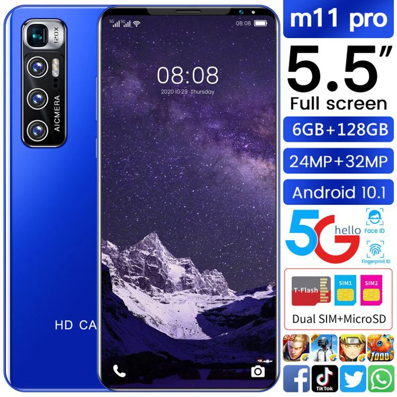 

Global Version M11 Pro 5G Smartphone 5.5Inch 24MP+32MP MT6889 10Core 8+128GB 5600MAH Finger Face Double SIM Card Android 10.1