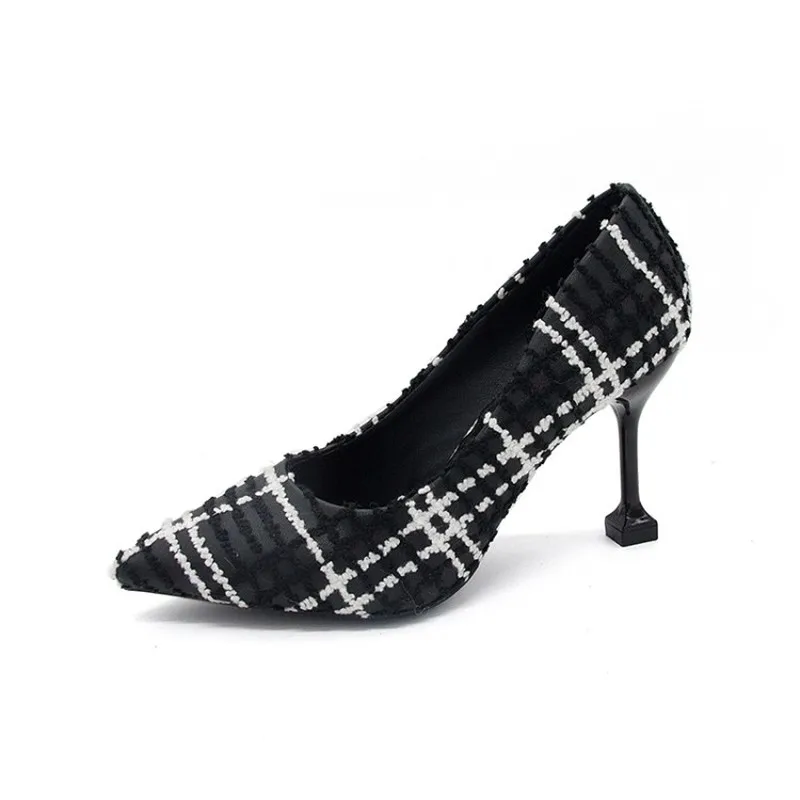 

2020 Ladies Sexy Party Pumps Woman lattice Fashion shallow Pointed Toe Thin Heel Office Wedding platform High Heels Y21-55