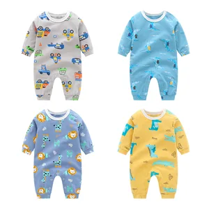 Новая осенняя одежда для малышей от 0 до 24 месяцев хлопковый комбинезон с принтом динозавра для маленьких мальчиков и девочек, комбинезоны с длинными рукавами и круглым вырезом для новорожденных