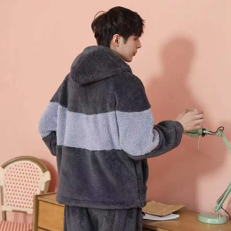 Men's Pajama Set Winter Thicken Warm Sleepwear 2Pcs/Set Tops + Pants Home Clothes Coral Fleece Pyjamas Suit