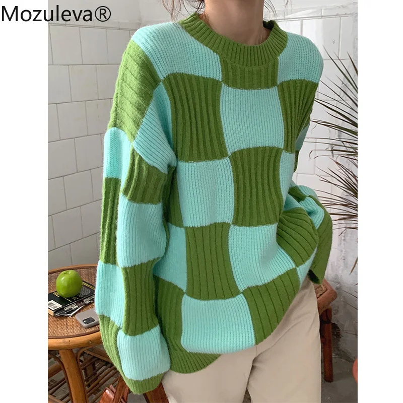 Mozuleva 2020 Loose Thicken Warm Plaid Green Pullover Sweater for Women Autumn Winter O-neck Full Sleeve Knitted Jumper