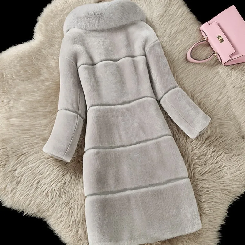 Patchwork Faux Elegant Fur Sheep Shearing Ladies Outerwear Coats Winter Warm Faux Fox Collar Women Medium Length Coats Plus Size