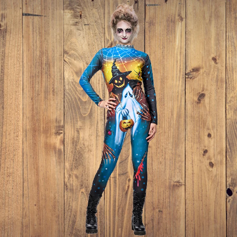 

Halloween Scary Costumes 2022 New Terror Evil Ghost Pumpkin Lantern Printing Slim Jumpsuits Fashion Horror Performance Clothing
