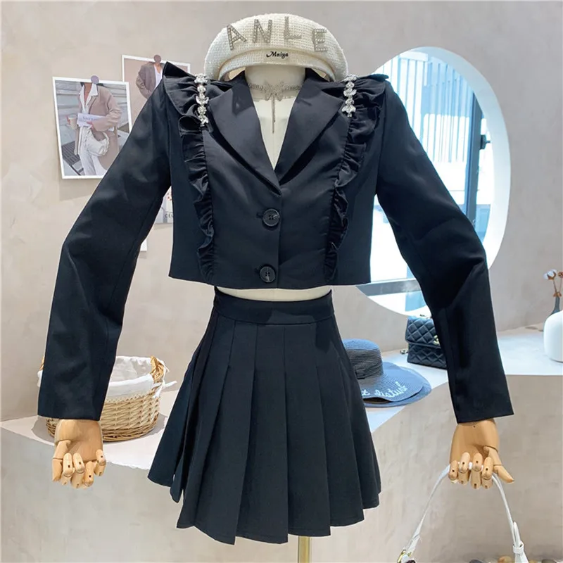 

Новый нишевой дизайн женской одежды 2021 осень ретро короткий пиджак + плиссированная юбка с высокой талией комплект из двух предметов