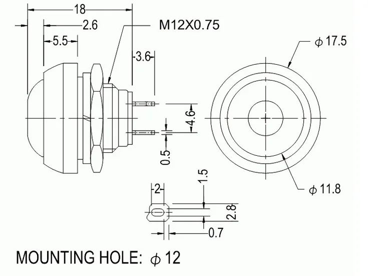 5 шт. PBS-33b 2-контактный водонепроницаемый мини-переключатель ON-OFF12mm 12 в 1 а