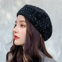 2020 fashion pattern crochet women beret with sequins winter solid pumpkin hat flat french cap