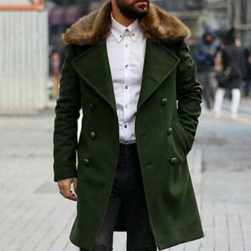 

Men's Wool-collar Double-breasted Woolen Coat High Street Leisure Warm Solid Color Mid-length Winter Woolen Coat 2021
