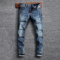 italian style fashion men jeans retro blue elastic slim fit ripped jeans men frayed hole vintage designer casual denim pants