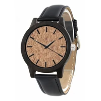 dropshipping mens black leather and bamboo wood wristwatches engravable cork dial dark black ebony wooden watch