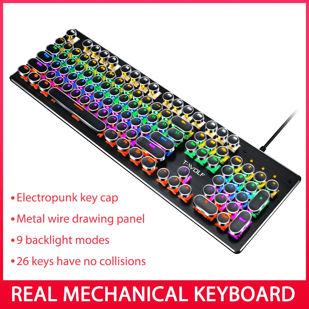 T-WOLF T70 Wired Punk Mechanical Keyboard USB 104 Keys LED Backlight Gaming Keypad for Computer Laptop Home Office