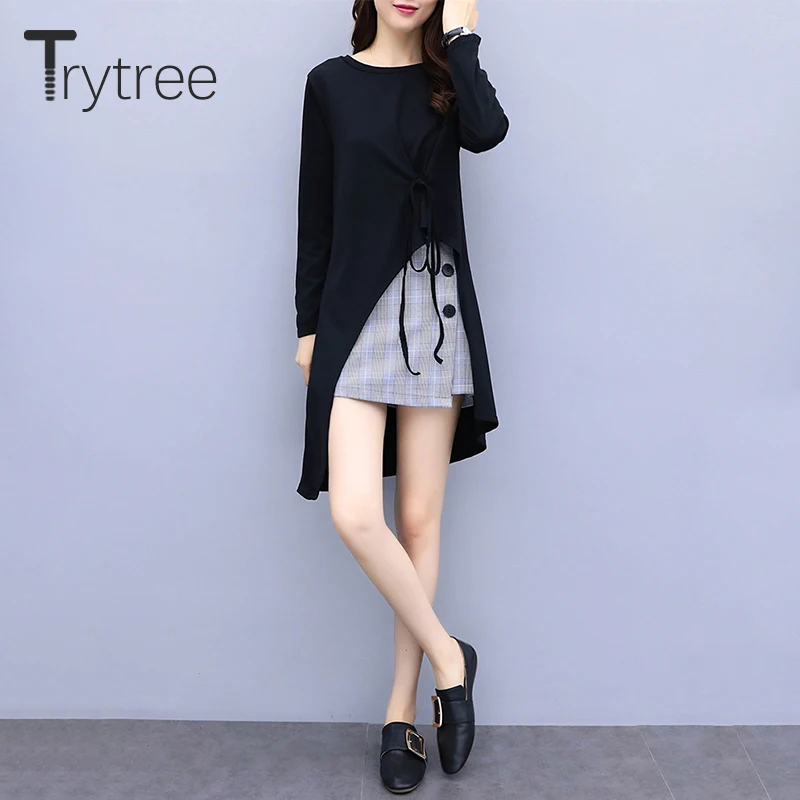 Trytree/осенний женский костюм из двух предметов, повседневный черный топ с круглым вырезом и разрезом на подоле+ юбка, клетчатый мини-офисный костюм для дам, комплект из 2 предметов