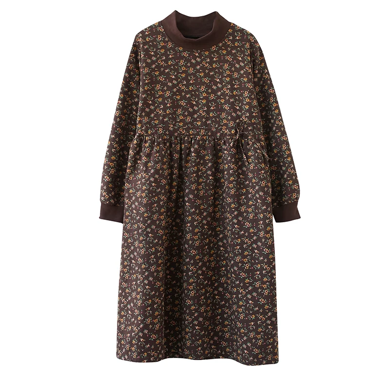 

Women's Casual Floral Print Dress Plus Size Fleece Warm Turtleneck Cotton Linen Dress Elegant Laides Mid-calf Dresses Clothing