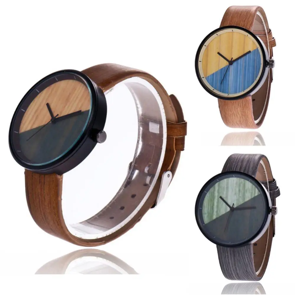 

40%HOT Men Women Couple Vintage Round Wood Grain Faux Leather Strap Quartz Wrist Watch