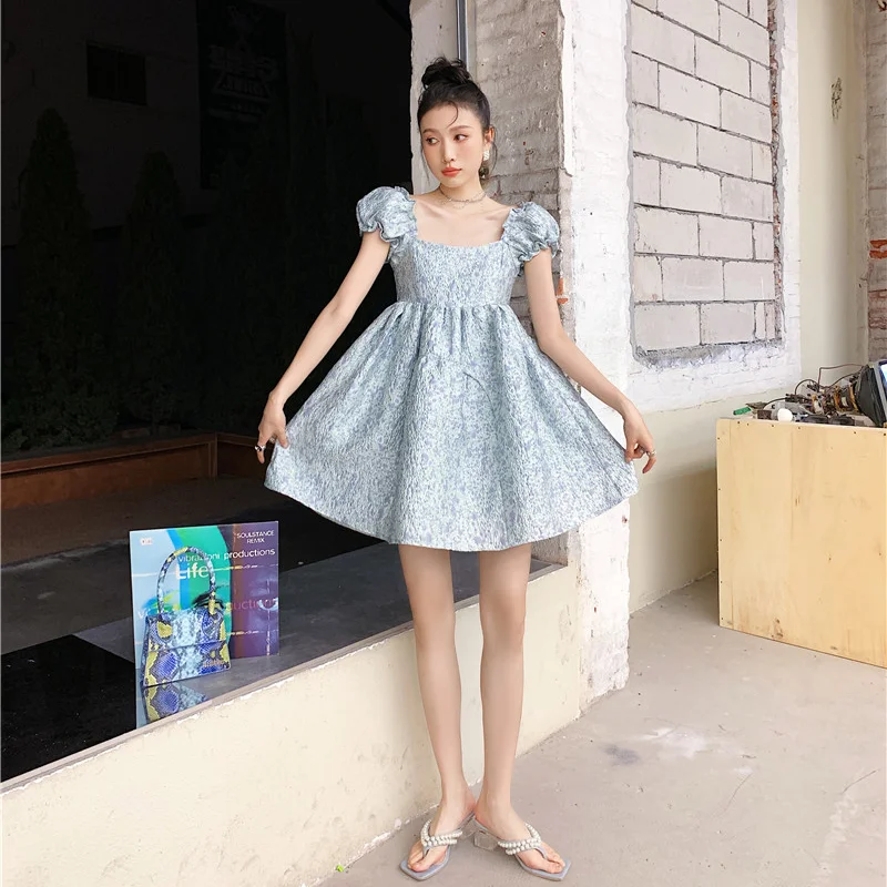 

Kimotimo Blue Puff Sleeve Dress Women 2021 Summer Sweet Jacquard Square Collar Waist A Line Mini Y2k Dress Vestido De Mujer