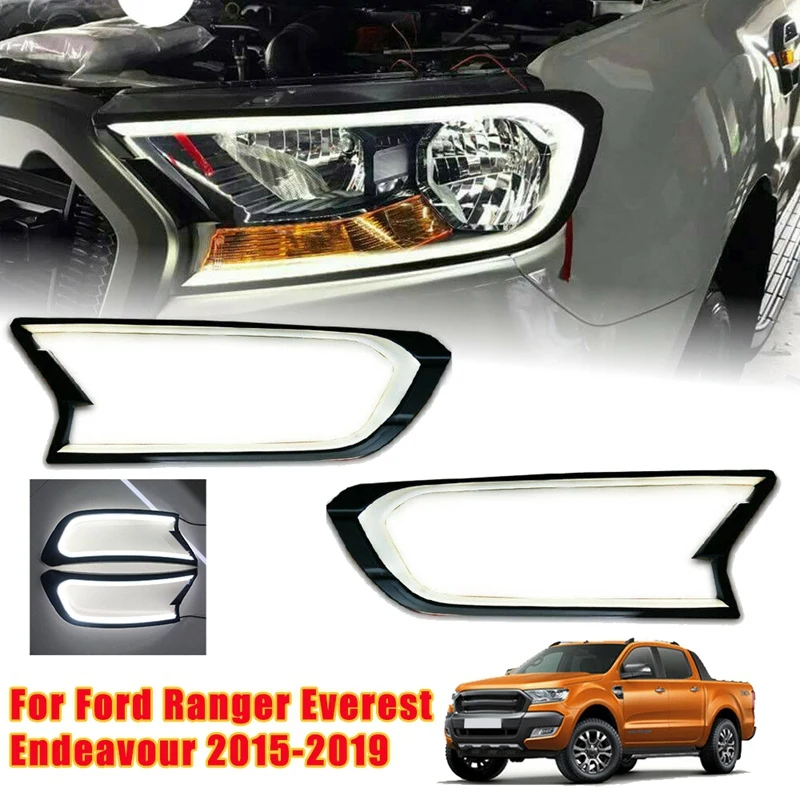 

Black DRL HeadLight LED Cover Trim Lamp Hood Daytime Running Light for Ford Ranger Everest Endeavour 2015-2019