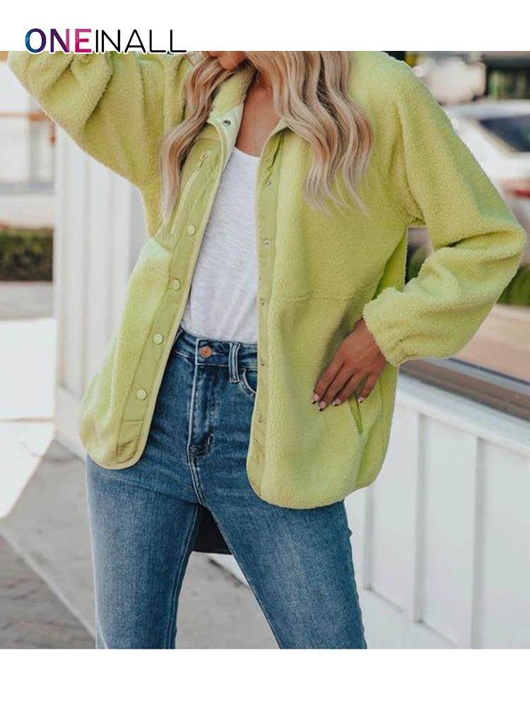 

ONEINALL Solid Casual Jacket For Women Lapel Long Sleeve Single Breasted Minimalist Winter Fashion Coat 2021 Clothing Stylish