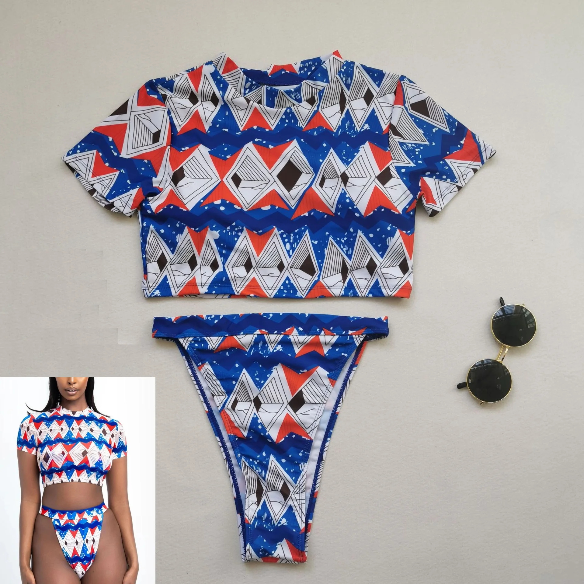 

Women Two-piece Swimming Clothes Set, Blue Printed Pattern Round Collar Tops + Shorts