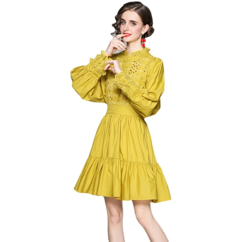 

New Elegant Vintage Fashion Women Hollow Out Ruffles Slim Tunic Evening Party Dress Lady Long Sleeve Dresses