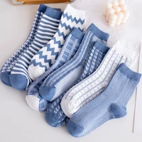 1 pair women socks cotton soft and breathable socks for ladies jacquard weave blue color swallow gird stripe wave pattern