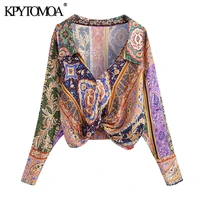kpytomoa women 2021 fashion totem print pleated cropped blouses vintage long sleeve elastic hem female shirts blusas chic tops