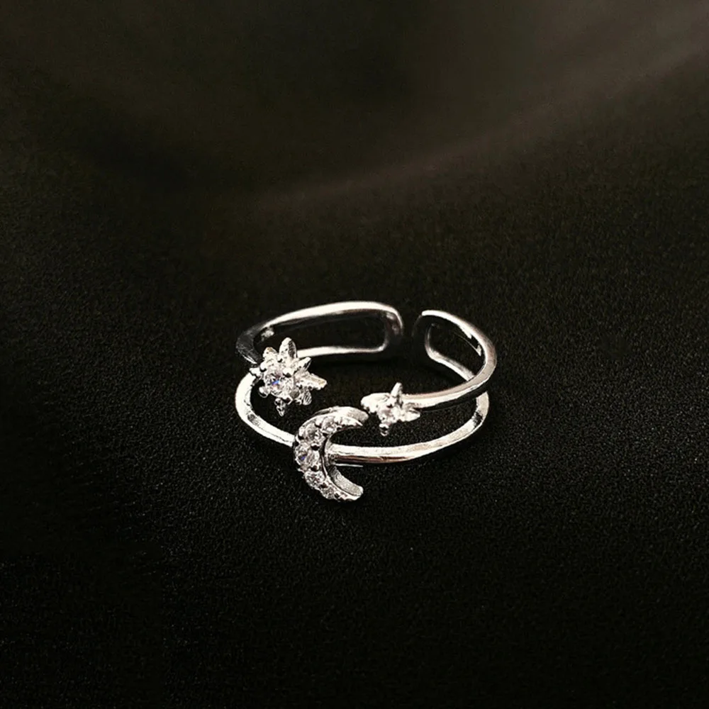 

2021 Korean New Shiny Sterling Silver Moon Star Open Rings For Women Jewelry Femme Finger Ringt Adjustable Cute Gift