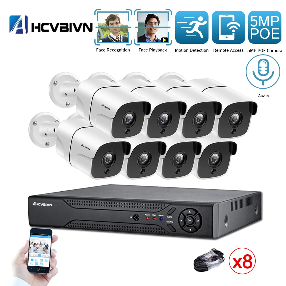 

AHCVBIVN H.265 8CH 5.0MP POE IP Camera System With Weatherproof IP Camera CCTV Video Recorder Kit Face-Recording