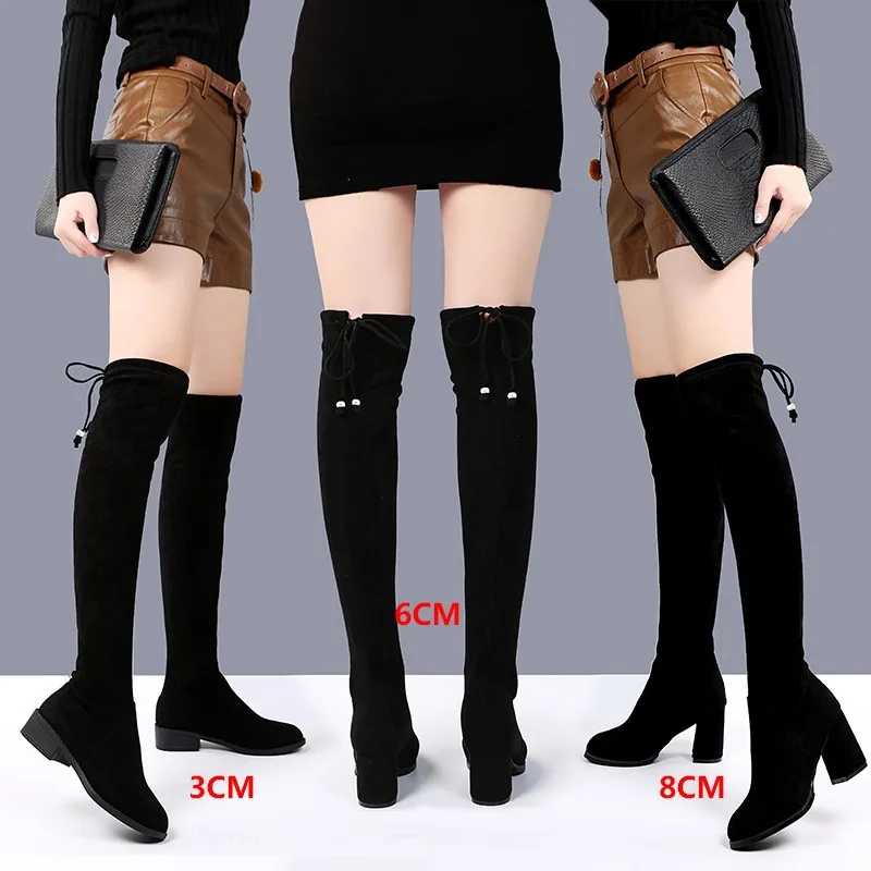 Женские сапоги выше колена элегантные на высоком каблуке эластичные большой
