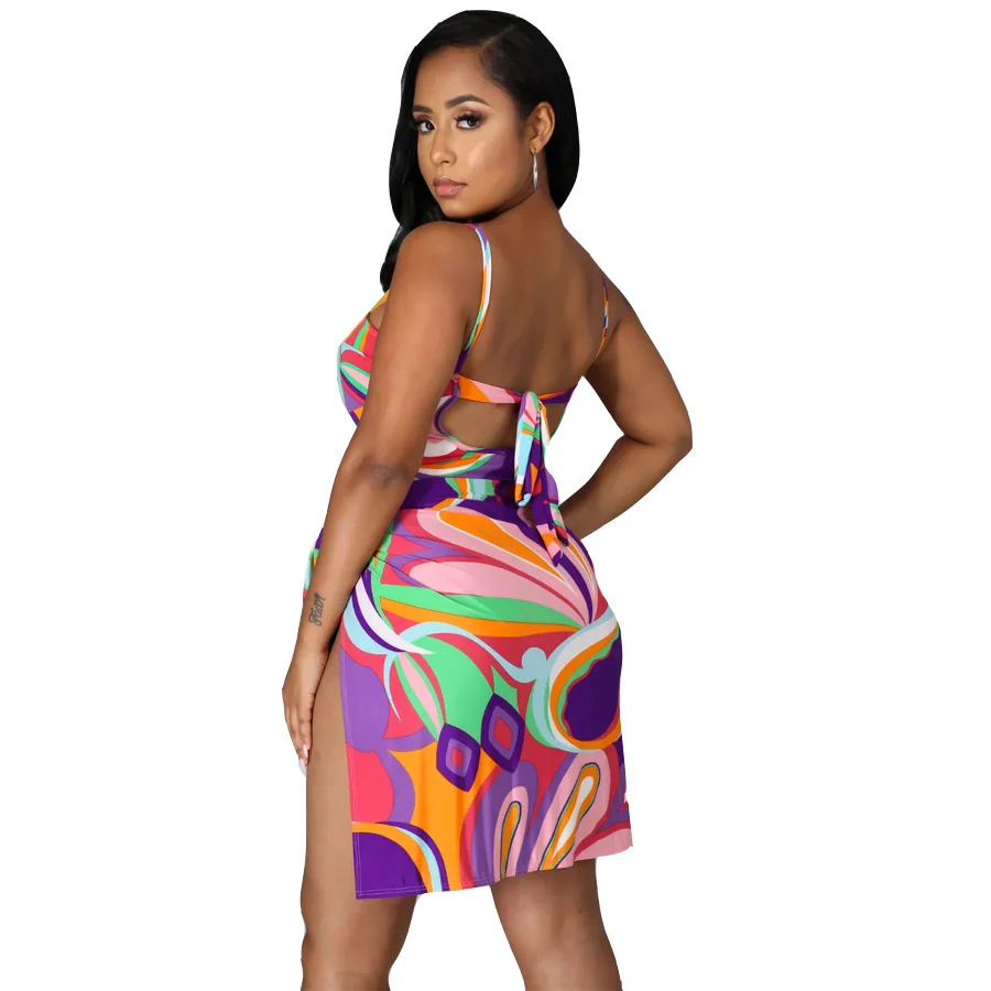 

Bench Style Colorful Printed Women Dress Sets Sexy Fashion Sleeveless Spaghetti Strap Dress Two Pieces Bodysuit Sets 2021 Hot