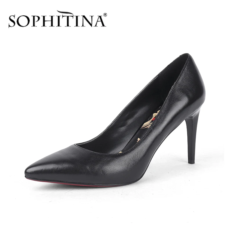 

SOPHITINA New Office Women Pumps Fashion 8.5cm Thin Heels Solid High Quality Sheepskin Shallow Shoes Slip-On Concise Pumps SC671