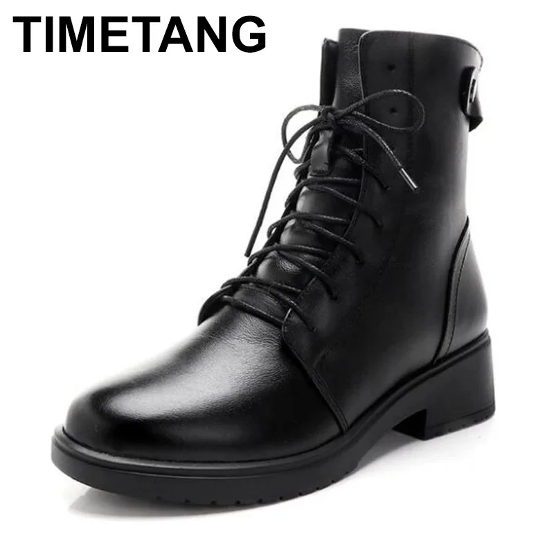 

TIMETANG Size 35-43 Winter Warm Martin Boots Women Genuine Leather Mid Heel 4.5CM Plush Casual Lace-Up Short Boots Women Black