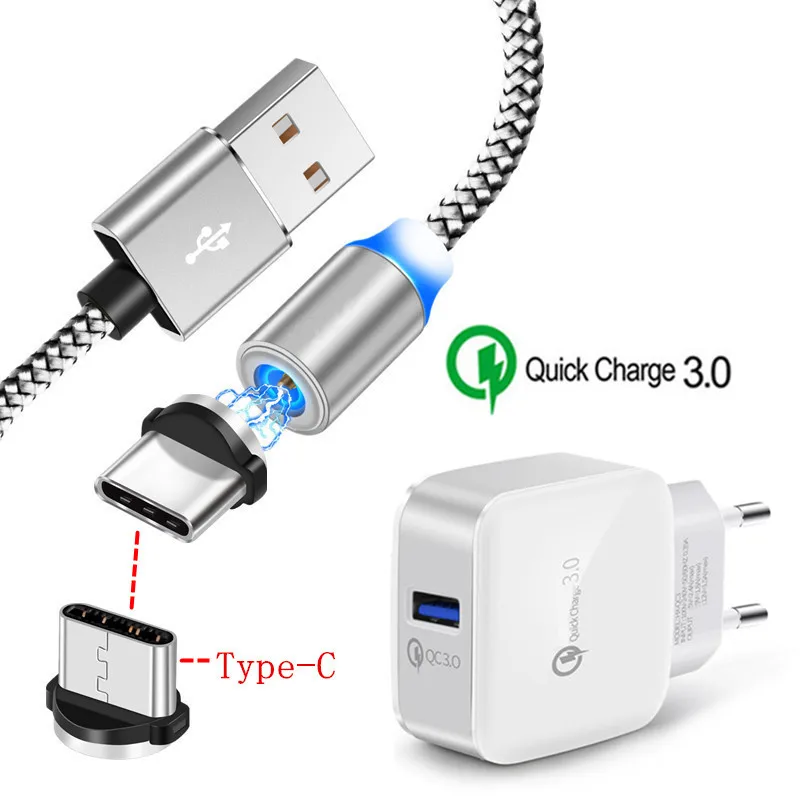 Магнитный кабель типа C + QC 3 0 быстрое зарядное устройство USB для Samsung galaxy S10 S8 S9 A70