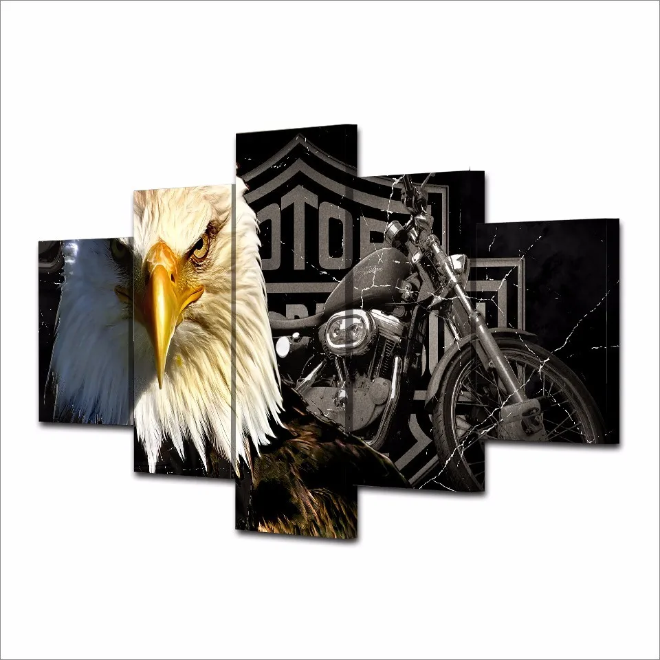 

No Framed Canvas 5Pcs Eagle Motorcycle Animal Posters Wall Art Modern Oil Paintings Modular Pictures Home Decor For Living Room