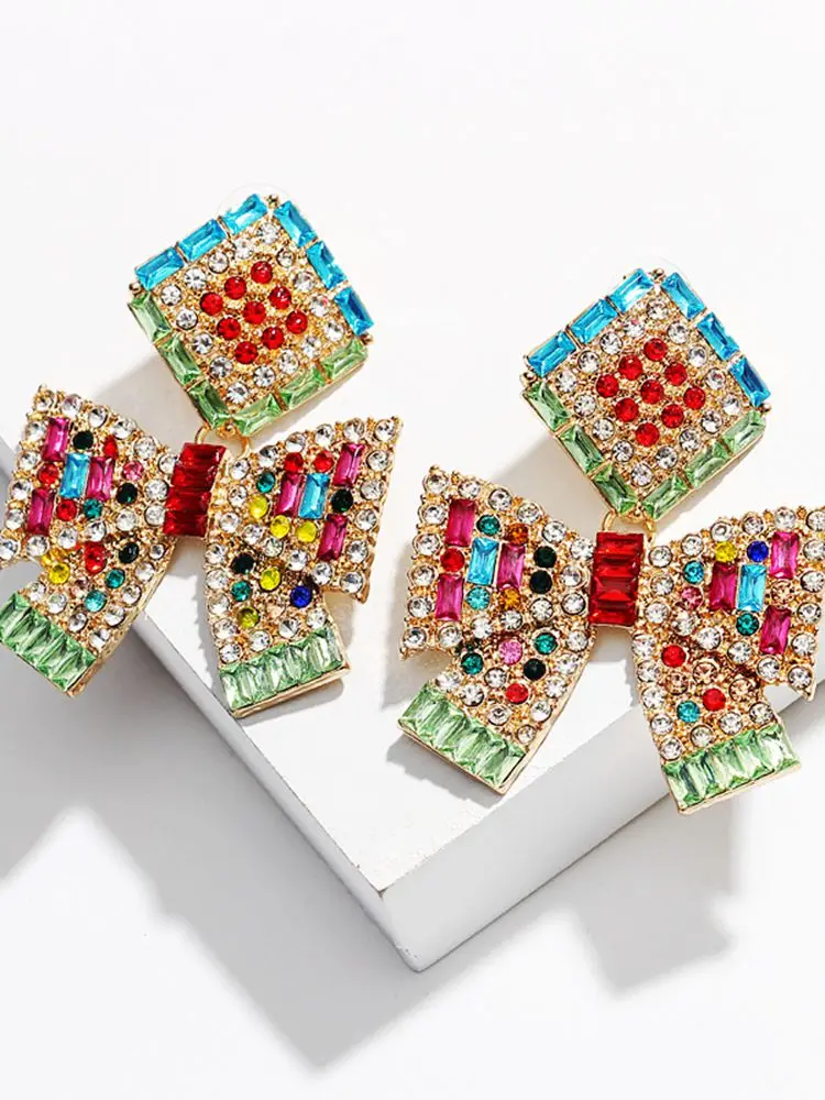 

New Sweet Color Rhinestone Big Bow Drop Earrings For Women Oversize Gold High Quality Zinc Alloy Boutique Jewelry Accessories