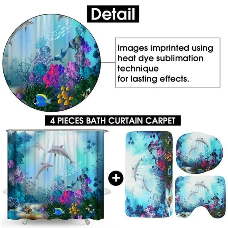 

Marine Style Dolphin Waterproof Shower Curtain Set Anti-slip Mat Base Carpet Toilet Cover Pad Bathroom Kit