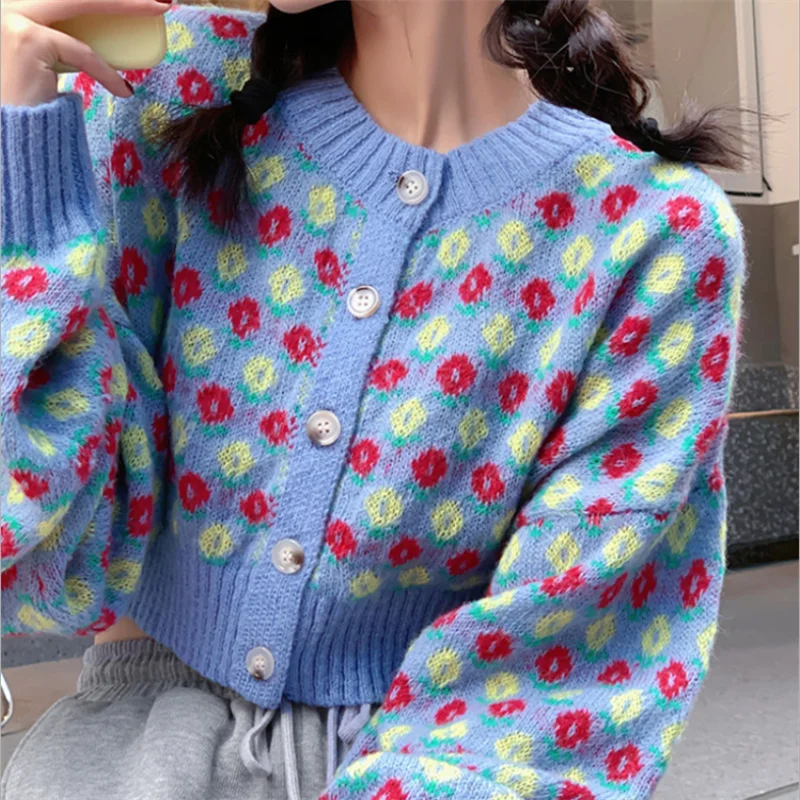 

Floral Hit Color Patchwork Knitted Women Cardigan Long Sleeve O-Neck Causal Sweater Coat 2021 New Knitwear