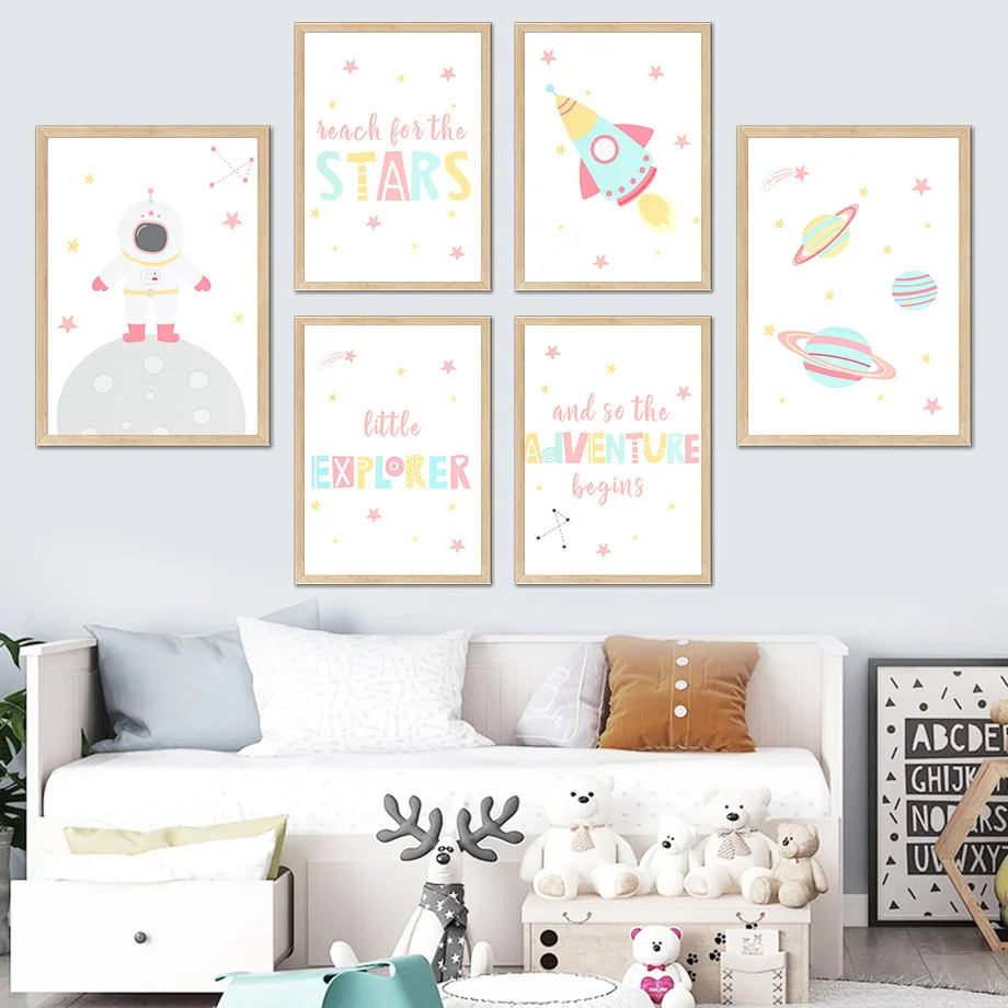 

Cartoon Astronaut Space Rocket Planet Nursery Wall Art Canvas Painting Nordic Posters And Prints Wall Pictures Child Room Decor