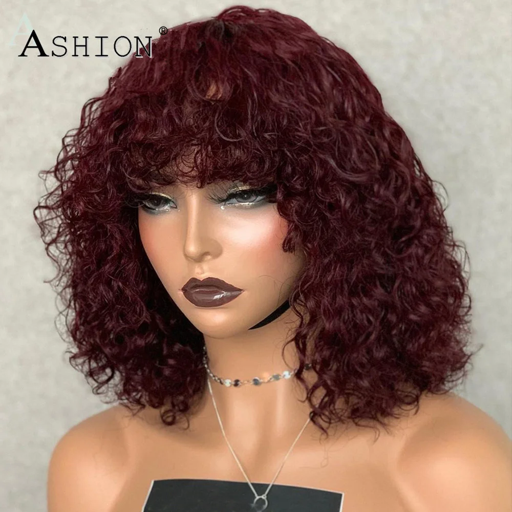 

Wave Colored Human Hair Wigs with Bangs Full Machine Wigs Short Curly Bob Wig 99J Blonde Highlighted Wigs Peruvian Remy Hair